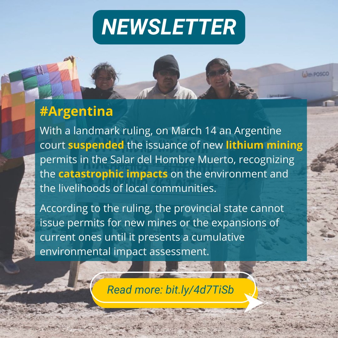 In #Argentina, the court of Catamarca suspended the issuance of new #lithium mining permits in the Salar del Hombre Muerto. We spoke about this w @AsambleaPucara (one of our #CRE partners) & @farnargentina, read more in this blog👇 rightsindevelopment.org/news/lithium-m…