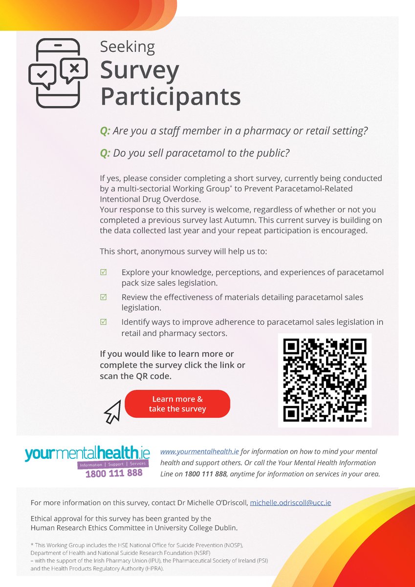 Do you work in pharmacy or retail settings, & sell paracetamol products to the public? Please take a few minutes to complete this short online survey, to help our research into the safe sales of paracetamol in Ireland. ℹ️tinyurl.com/bdd7h2jr #ConnectingForLife