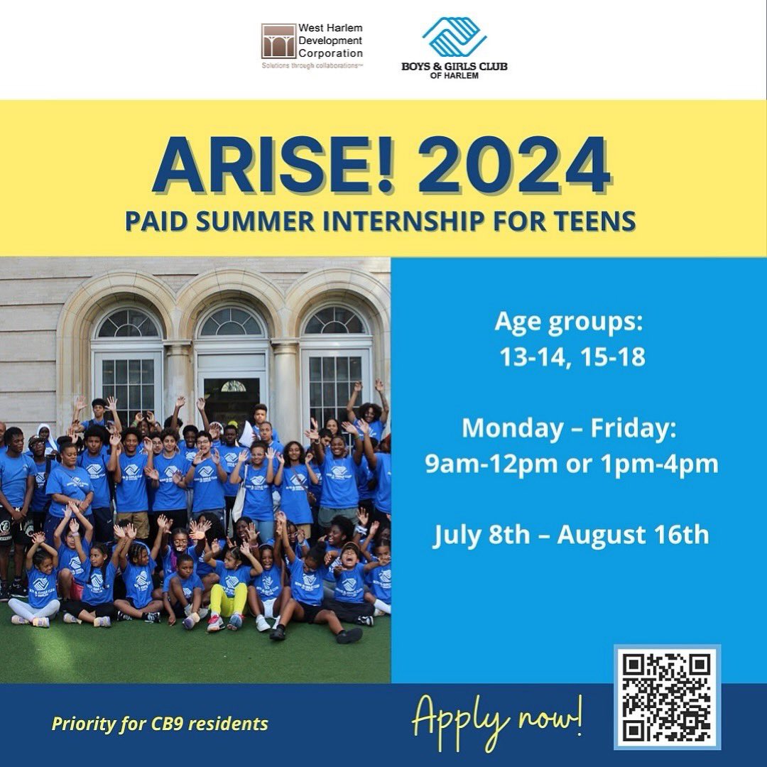 📣 ARISE Summer 2024 Program 📣 Boys & Girls Club of Harlem is seeking out high school age youth for their paid Summer ARISE program, a six week program from July 8- August 16.  WHDC proudly supports this community affirming program. More Info: westharlemdc.org/arise-2024-sum… #WHDC