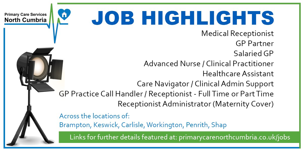 💚 JOBS💙
Current job vacancies + opportunities in primary care roles available now across our area - more at: primarycarenorthcumbria.co.uk/jobs
Roles in #shap #penrith #Workington #Carlisle #carlislecumbria #Keswick #brampton
Spread the word to #HelpUsHelpYou #cumbria #CumbriaJobs #GPJobs