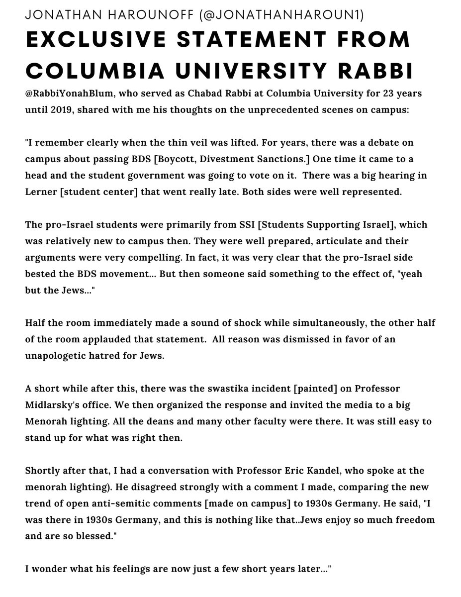 🚨🛑 EXCLUSIVE - @RabbiYonahBlum, who served as Chabad Rabbi at Columbia University for 23 years until 2019, shared with me his thoughts on the unprecedented scenes on campus: 'I remember clearly when the thin veil was lifted. For years, there was a debate on campus about