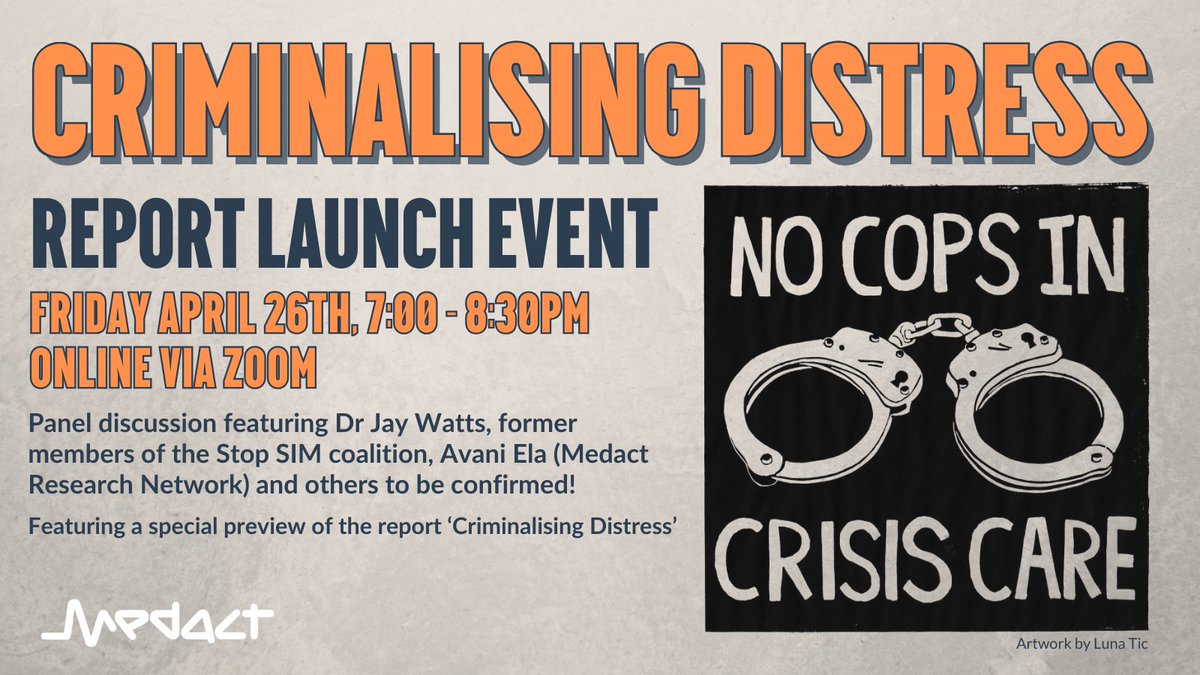 This week is the launch of our newest research project, Criminalising Distress, on the impact of police intervention in mental health care, particularly NHS England's implementation of Serenity Integrated Mentoring. medact.org/event/criminal… Read on for info on our panelists...