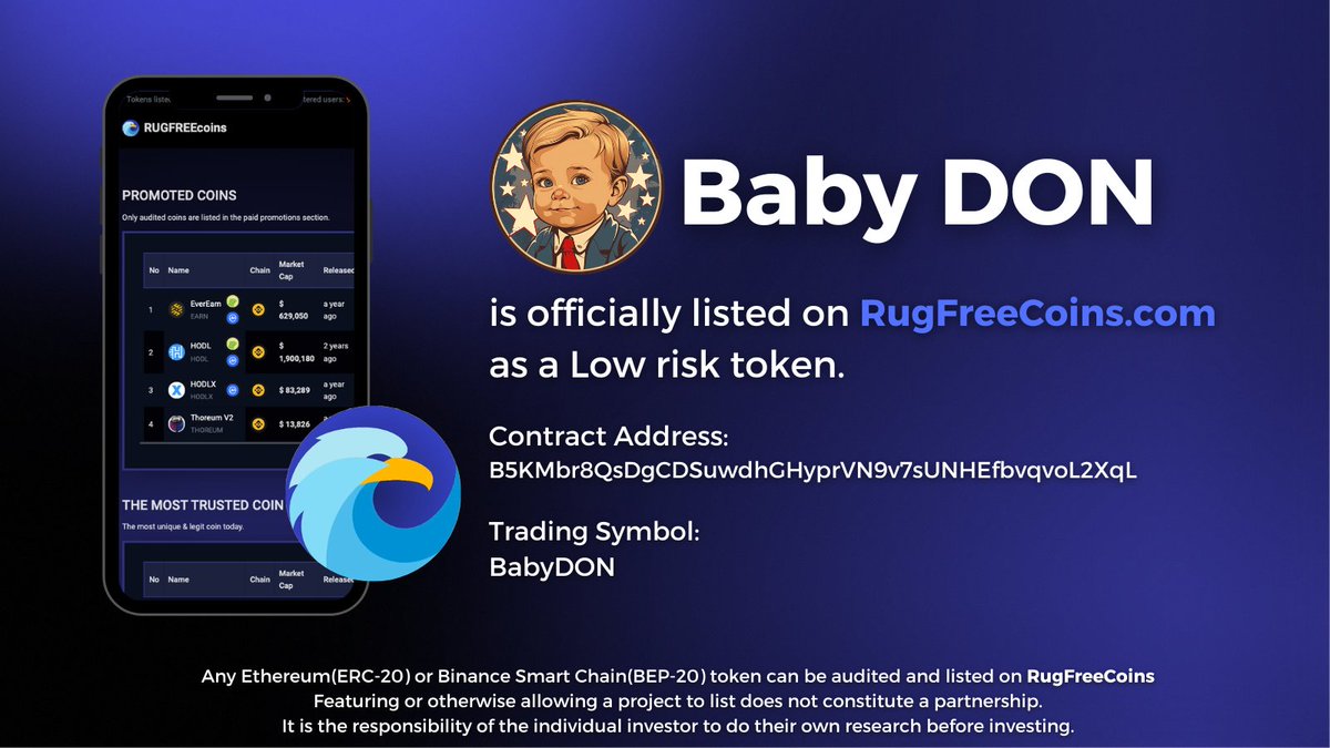 ' @babydoncoin ' has been reviewed and listed on RugFreeCoins as a low-risk coin. rugfreecoins.com/coin-details/2… #rugfreecoins #scamfree #BabyDon #SOL #Web3 #Solana #CryptoCommunity t.me/babydoncoin