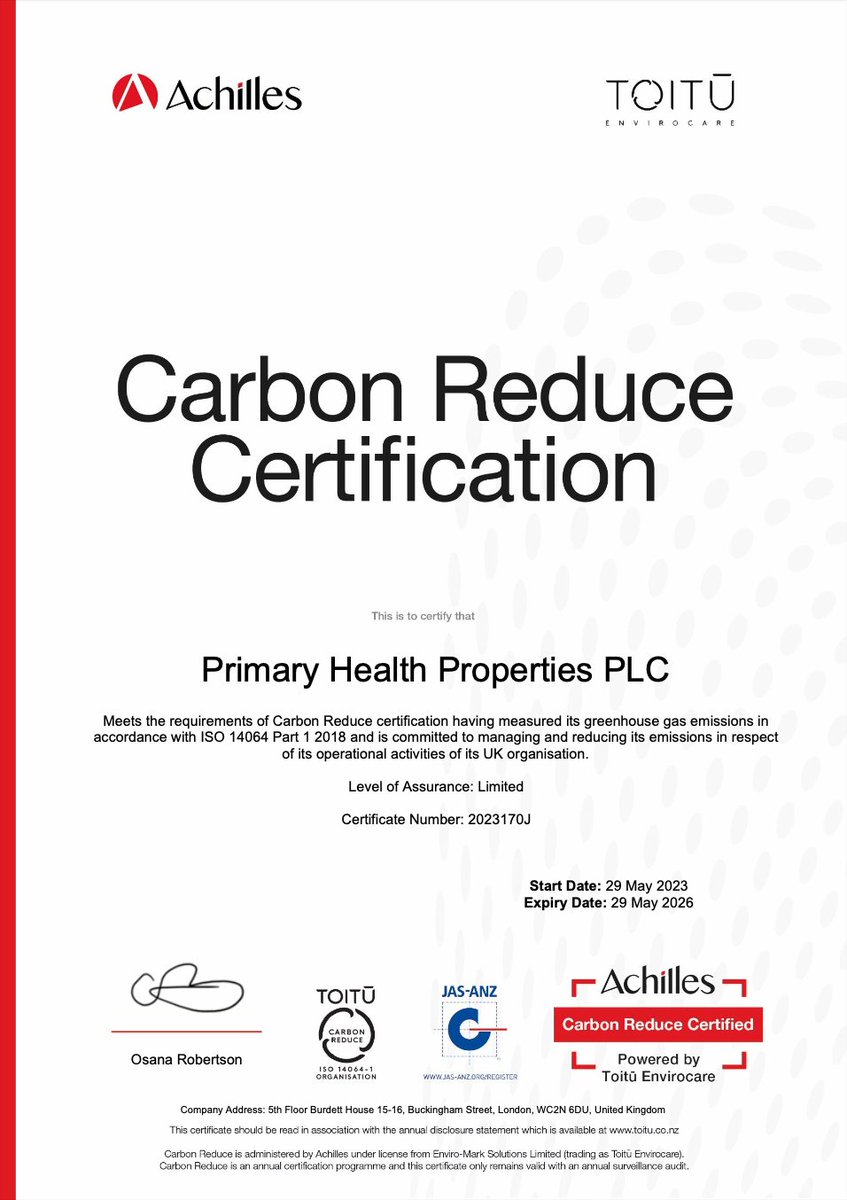 Primary Health Properties (PHP) plc (@phpreit) on Twitter photo We are pleased to announce that Primary Health Properties has successfully achieved its Carbon Reduce Certification for the 2nd year running!
Read more about our approach, commitments and performance here: bit.ly/3JvEwYc
#PHP #CarbonReduce <a href="/AchillesLtd/">Achilles Information - Global Risk Management</a> We are pleased to announce that Primary Health Properties has successfully achieved its Carbon Reduce Certification for the 2nd year running!
Read more about our approach, commitments and performance here: bit.ly/3JvEwYc
#PHP #CarbonReduce <a href="/AchillesLtd/">Achilles Information - Global Risk Management</a>