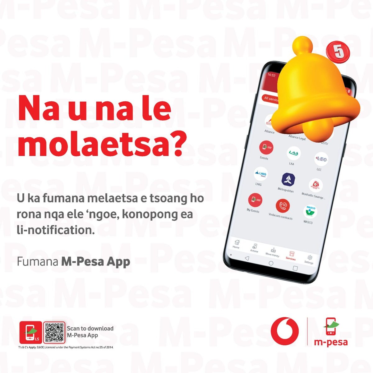 Na u kile oa fumana molaetsa ka App ea M-Pesa empa oa lebala na o no re’ng? U ka fumana melaetsa eohle e tsoang ho rona nqa e le ‘ngoe, konopong ea li-notification. Fumana App ea M-Pesa ho Google Play Store kajeno. #ChangingLives