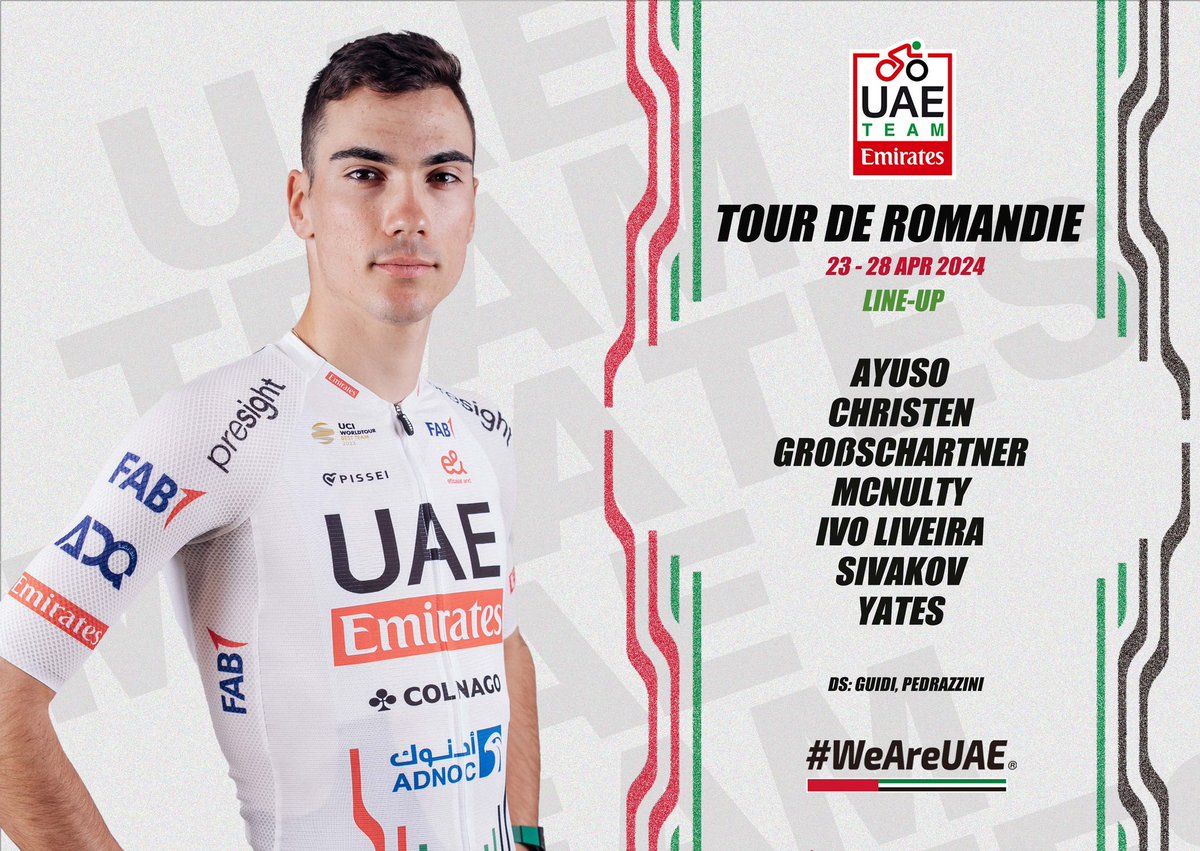 @UAE-TeamEmirates (@teamemiratesuae) on Twitter photo Tour de Romandie kicks off tomorrow. Here’s our lineup for the #TDR2024🇨🇭:
🇪🇸 <a href="/juann_ayuso/">Juan Ayuso</a>
🇨🇭 <a href="/janchristen04/">Jan Christen</a>
🇦🇹 <a href="/gro_felix/">Felix Großschartner</a>
🇺🇸 <a href="/BrandonMcNult/">Brandon McNulty</a>
🇵🇹 <a href="/IvOliveira96/">Ivo Oliveira</a>
🇫🇷 <a href="/PavelSivakov/">Pavel Sivakov</a>
🇬🇧 <a href="/AdamYates7/">Adam Yates</a>
#UAETeamEmirates #WeAreUAE Tour de Romandie kicks off tomorrow. Here’s our lineup for the #TDR2024🇨🇭:
🇪🇸 <a href="/juann_ayuso/">Juan Ayuso</a>
🇨🇭 <a href="/janchristen04/">Jan Christen</a>
🇦🇹 <a href="/gro_felix/">Felix Großschartner</a>
🇺🇸 <a href="/BrandonMcNult/">Brandon McNulty</a>
🇵🇹 <a href="/IvOliveira96/">Ivo Oliveira</a>
🇫🇷 <a href="/PavelSivakov/">Pavel Sivakov</a>
🇬🇧 <a href="/AdamYates7/">Adam Yates</a>
#UAETeamEmirates #WeAreUAE