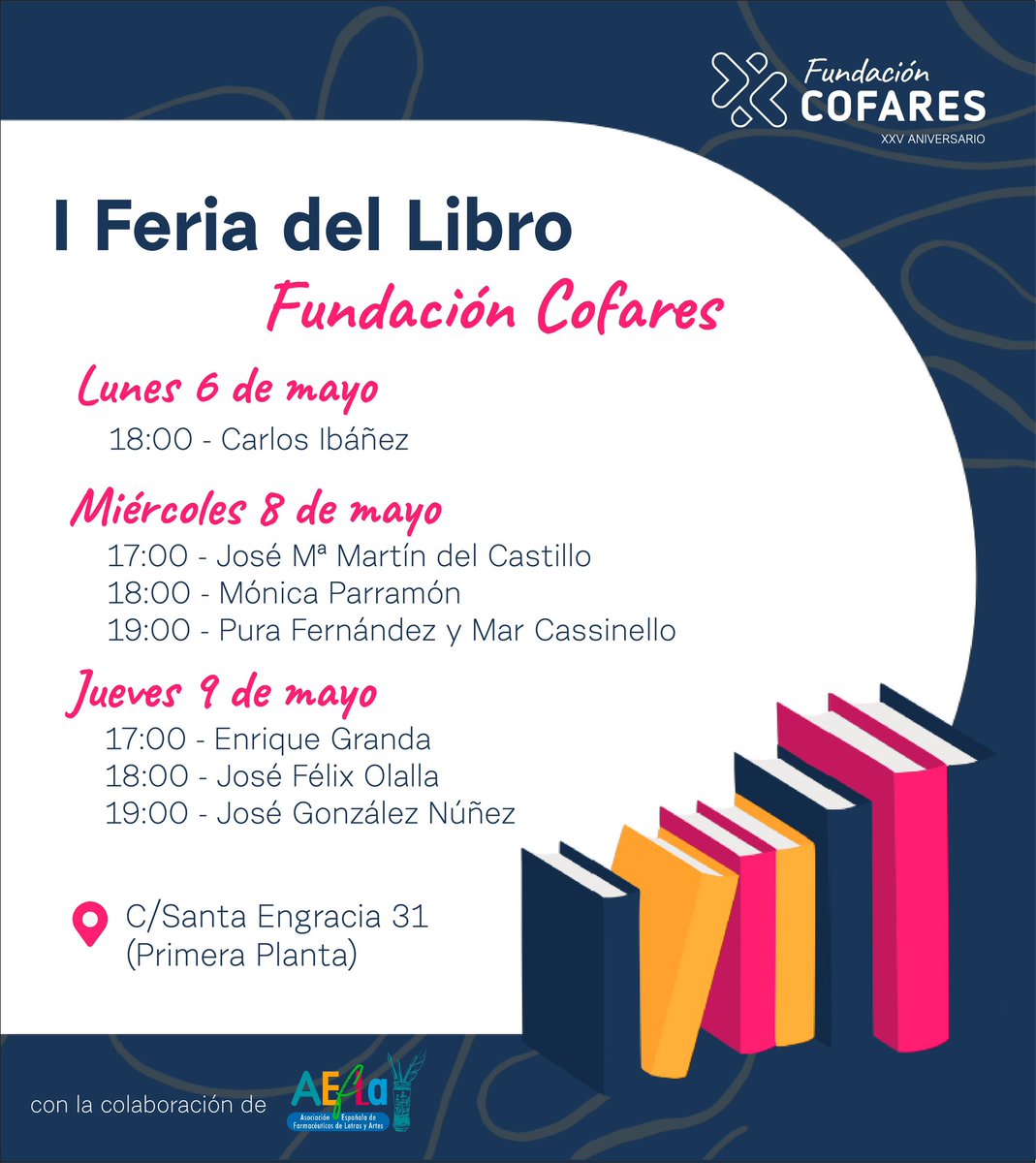 <a href="/pazfanlo/">Paz Fanlo</a> <a href="/pelendinez/">Pedro Lendinez #EnfermedadesRaras #MasVisibles</a> <a href="/sminaev2015/">Sergey Minaev</a> <a href="/famartinez2001/">Francisca Martínez</a> <a href="/MariaMafero/">MaFeRo</a> <a href="/ElenaSaiz63/">Elena Sáiz</a> <a href="/manuca7/">manuela.plasencia</a> <a href="/smoocho71/">Sonia💚⚖️🇪🇦🏳️‍🌈</a> <a href="/CraviotVilla/">María del Mar</a> <a href="/mangelesjg/">Angeles Jimenez</a> <a href="/FGAlcaraz/">Félix González</a> <a href="/Nba1Marisa/">marisaNBA1</a> <a href="/Iris_CU93/">Iris Torrente | Ileostomia & inmunomediadas</a> <a href="/jsaizverdeIII/">Jsaizverde III</a> @despacitocgf <a href="/lola40492359/">Lola Rico</a> <a href="/LaPorres/">Mari Carmen Porres</a> <a href="/nitidapastor/">Nítida Pastor</a> <a href="/AngelesRzvz/">Pócimas de Salud</a> <a href="/olivafarma/">...</a> <a href="/puretopastel/">Loreto 🇺🇦</a> <a href="/DelPozo_Yuste/">Pilar Del Pozo Yuste</a> <a href="/Carmenjcarlos/">Carmen&Carlos</a> <a href="/CelestinoGutirr/">Dr Celestino Gutiérrez González MD 🇪🇸🍏🇻🇪</a> <a href="/FolkloreToleda1/">Folklore y mitología de la zona de Talavera</a> <a href="/angelhuelamo/">Ángel A.Huélamo 👨🏼‍⚕️🧡</a> <a href="/dolosanchezgon/">Dolores S</a> <a href="/MontsePVNFSFE/">Montsepvn</a> <a href="/ManzanillaMiel5/">Manzanilla & Miel</a> <a href="/BeaArroyoCom/">Beatriz Arroyo</a> <a href="/Revertcalabuig/">Vicente Revert</a> #IFeriaDelLibroFundacionCofares Te esperamos!!! Podrás conocer y llevarte un libro firmado por tus autores favoritos Farmacéuticos o del mundo Farma. Con la colaboración de <a href="/AEFLAJunta/">AEFLA</a>