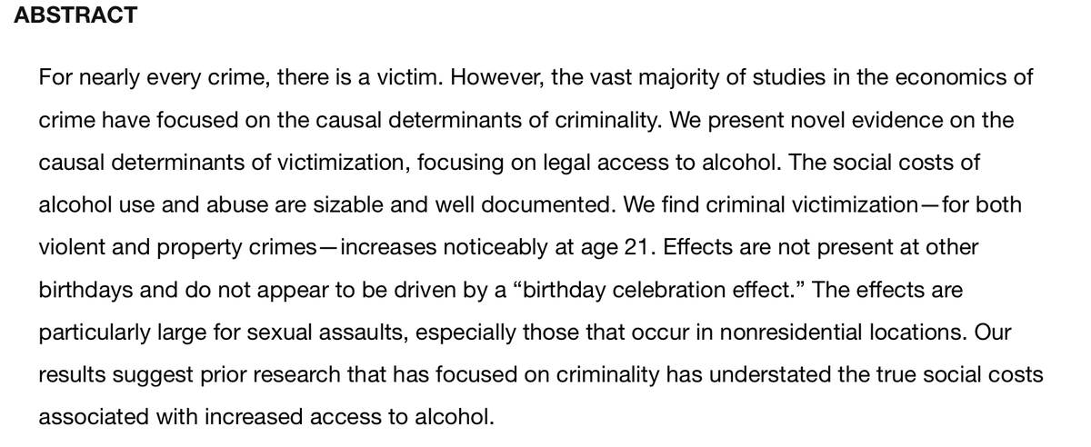 @AnnaBindler @nadineketel @Econ_Mike @maya_rossin @restatjournal @KatrineLoken @J_HumanResource @abicadams @KristiinaHuttu2 @EmilyNix100 @ningzhang0927 @QJEHarvard @gmastrob @JPAM_DC 'The Minimum Legal Drinking Age and Crime Victimization' by @AaronChalfin, @benconomics, & Rachel Ryley. Published in @J_HumanResource in 2023. doi.org/10.3368/jhr.59…