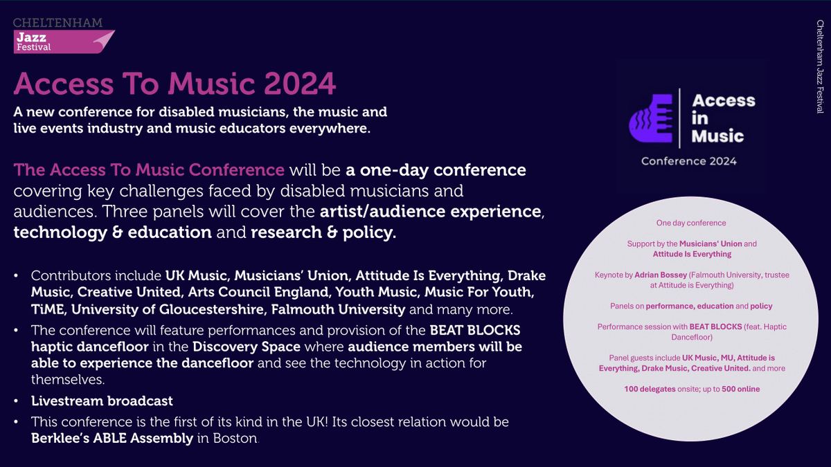 Drake Music are delighted to be on the panel of the first Access to Music conference at @cheltfestivals 2024! 📅 Friday 3rd May 🕑 10.30am 📍 Cheltenham Jazz Festival / Online In-person tickets here: shorturl.at/acrsz Live stream tickets here: shorturl.at/pyIUW