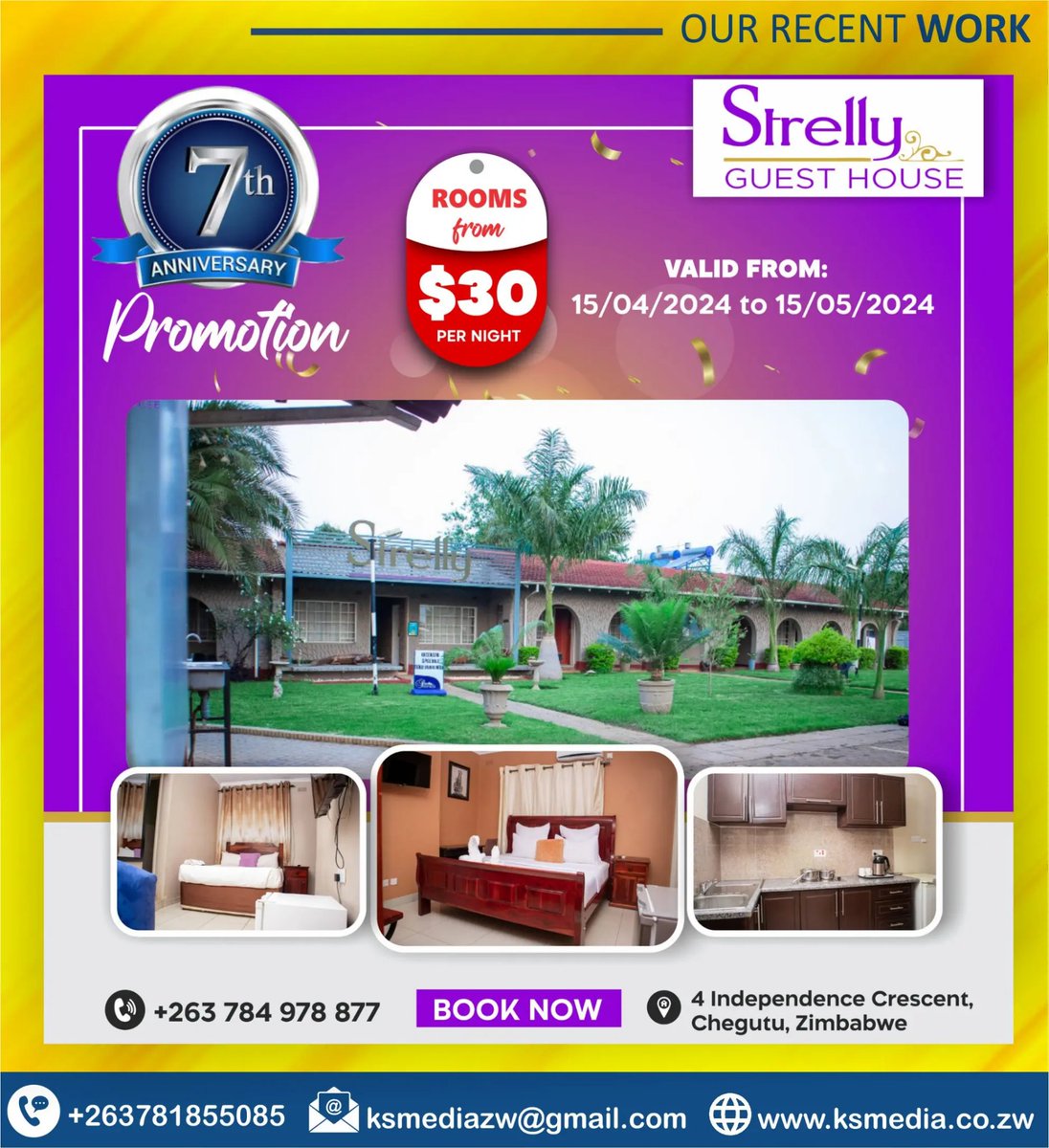 Client: Strelly Guest House
Job: Flyer Design

Get in touch with us today for a free quote
📱WhatsApp: +263781855085
☎Call: +263781855085
📧E-mail: ksmediazw@gmail.com
#ksmediazimbabwe #websitedesign #graphicdesign
#digitalmarketing #socialmediamarketing
#mobileappdevelopment