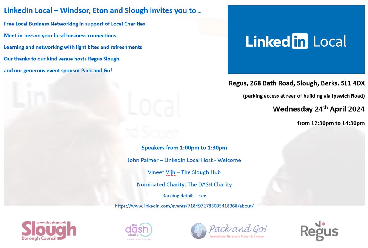 Join the next LinkedIn Local – Windsor, Eton and Slough, event on Wednesday, from 12.30-2.30pm, at Regus, 268 Bath Road, for in-person business networking. There will be speakers from 1-1.30pm, a nominated charity, refreshments and light bites. Book at linkedin.com/events/7184972…