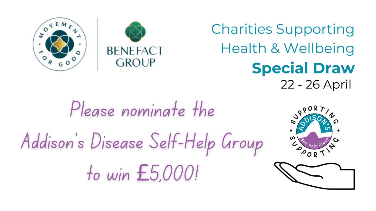 Could you spare one minute to help our charity win £5,000? 🙌 Please nominate 'The Addison's Disease Self-Help Group' today in the @benefactgroup draw which closes on Friday 26 April! ⏰ 💜 To nominate the ADSHG, please visit 🔗 health.movementforgood.com/index.php?cn=1… #MovementForGood