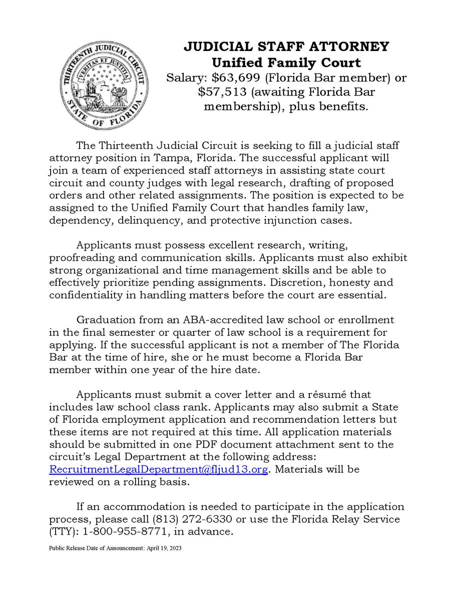 Job posting for a Judicial Staff Attorney position in Unified Family Court.

A vacancy announcement, to include application instructions, is attached.

Materials will be reviewed on a rolling basis.