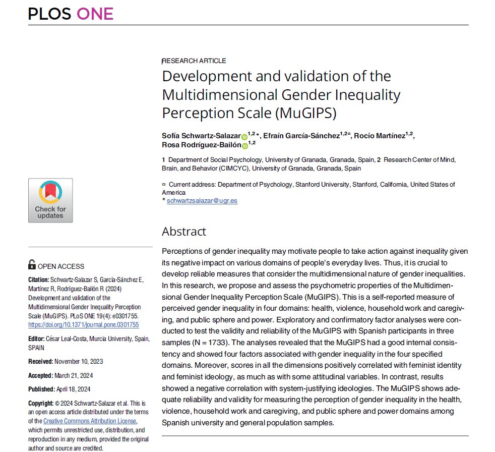 Excited to share our latest paper with @rrbailon, @Rociomarg and @egarcias129 in @PLOSONE ➡️Development and validation of the Multidimensional Gender Inequality Perception Scale (MuGIPS) Check it out here: dx.plos.org/10.1371/journa… @LabDesigualdad @cimcyc @canalUGR @StanfordSPARQ