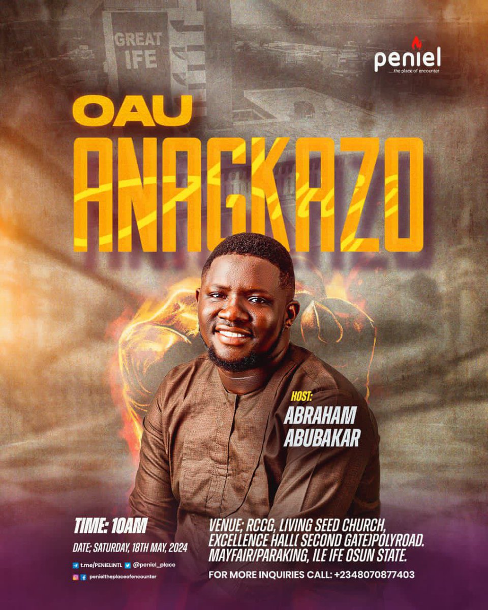 It's 26 daysto Anagkazo OAU.
Get ready for a life-changing experience.

The Lord is set to revive, heal, and fill us with his word.

Join us on the 18th of May, 2024
at RCCG LSC CHURCH AUDITORIUM, PARAKIN, MAYFAIR, ILE-IFE

by 10:00am prompt. 

Do not miss it!
Be there!❤️