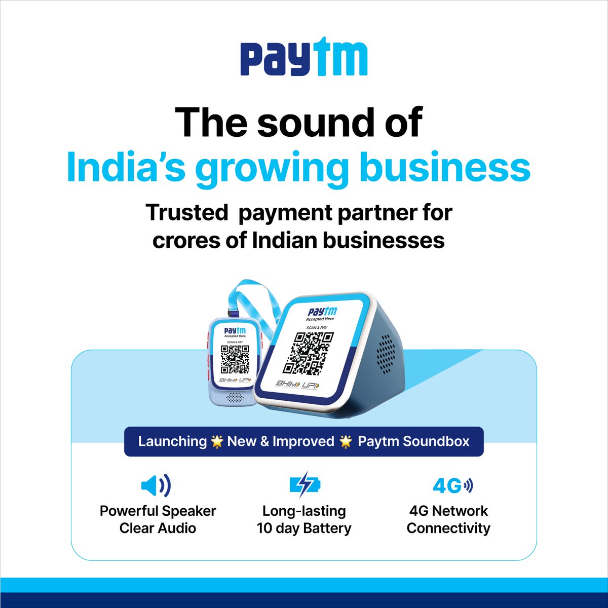 Paytm's tweet photo. Introducing our latest innovation! The New and Improved Made-in-India Soundbox for UPI and Credit Card on UPI payments🚀

With 10-day battery life and 4G High-speed network connectivity, our innovative device comes with power-packed features. Order your Paytm Soundbox here: https://t.co/MbgPtaL4eb

#PaytmKaro