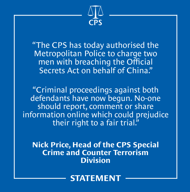 ⚖️ The CPS has authorised @metpoliceuk to charge two men with breaching the Official Secrets Act on behalf of China. Christopher Berry, 32, and Christopher Cash, 29, will appear at Westminster Magistrates’ Court on Friday, 26 April. Read more 👉 cps.gov.uk/cps/news/cps-a…