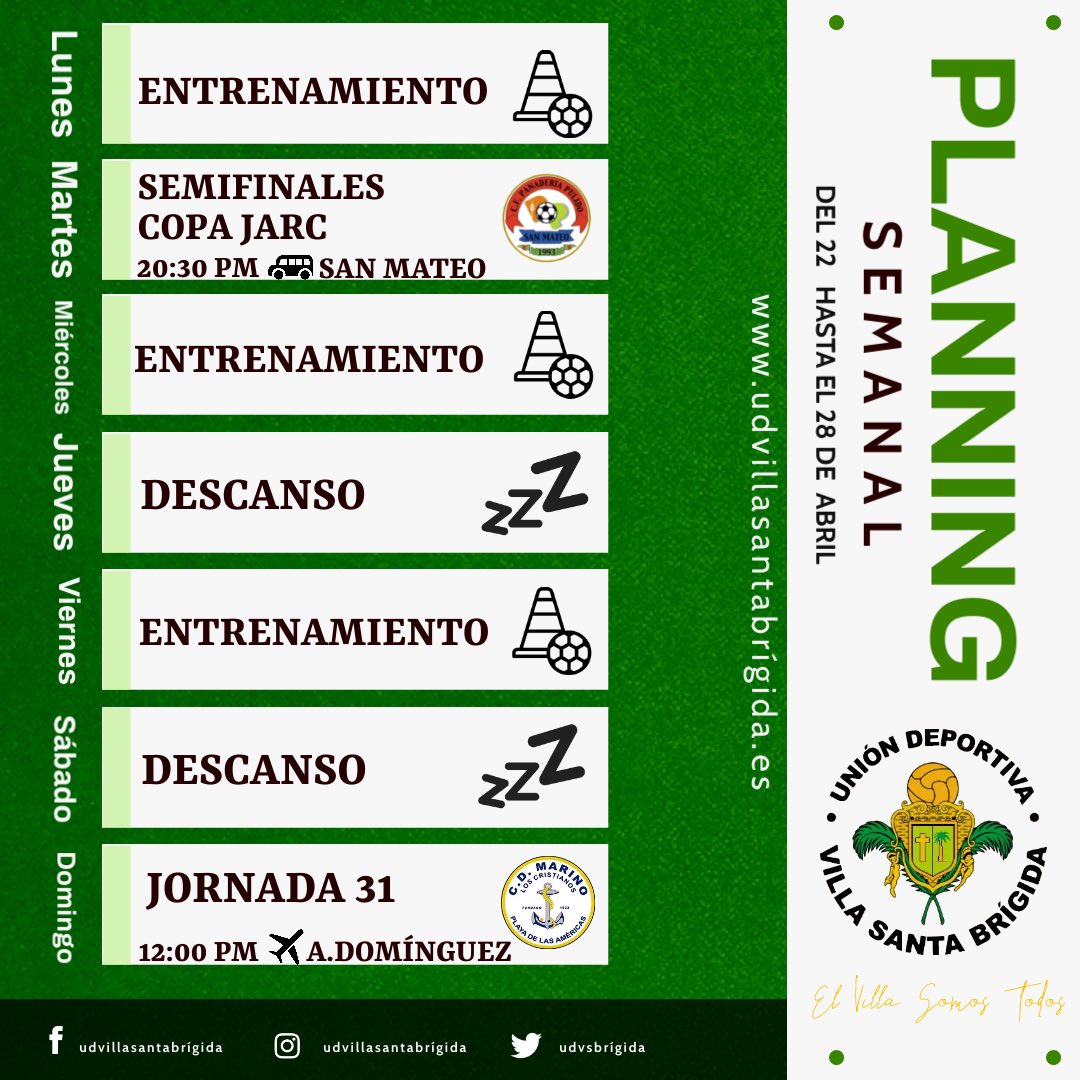 🔸PLANNING SEMANAL🔸 ✨Aquí tenemos el planning semanal del PRIMER EQUIPO donde jugará este martes la semifinal de la copa JOSÉ ANTONIO RUIZ CABALLERO y el domingo su jornada liguera ante el MARINO de visita.✨ #elvillasomostodos💚