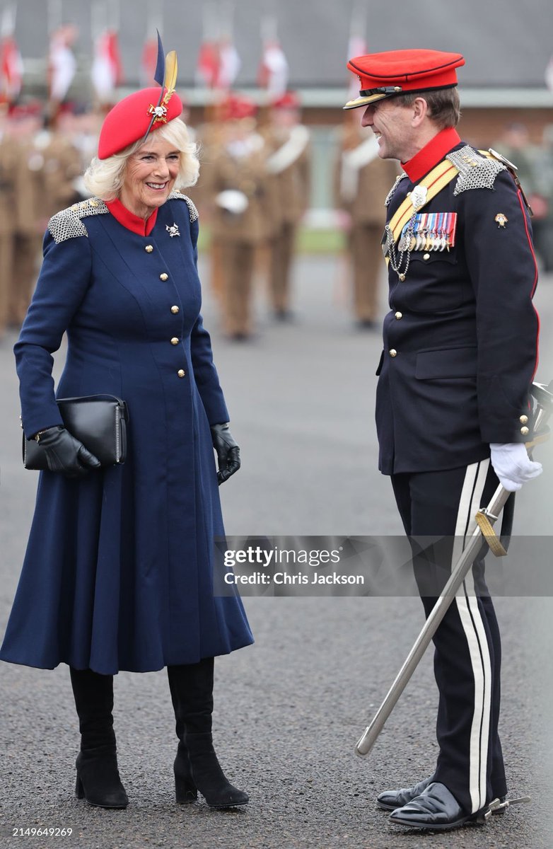 Queens Camilla’s father is a war veteran who was with the Royal Lancers. Today Queen Camilla visited the regiment as their Colonel-in-Chief and I love her homage to their uniforms with the mailles on her shoulders.