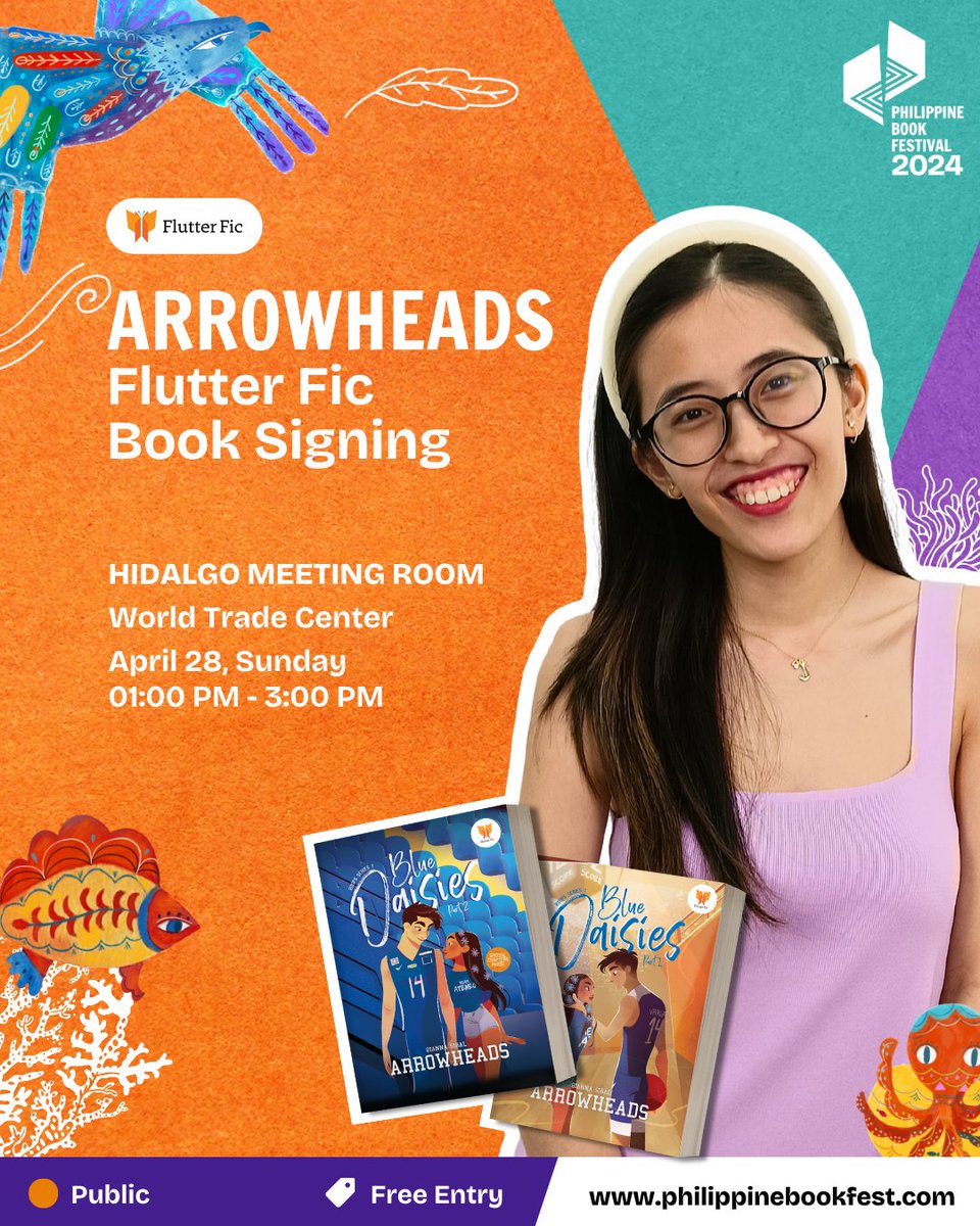 Catch ARROWHEADS at the Flutter Fic Book Signing event on April 28, 1:00 to 3:00 p.m. at the Hidalgo Meeting Room, World Trade Center. Arrowheads will sign her books Blue Daisies Part 1 and Part 2. 

#flutterficph #NBDB #PHBookFestival