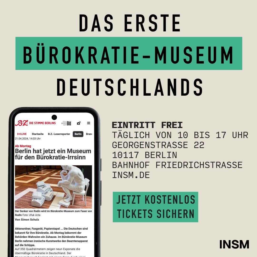 Die @bzberlin berichtet ausführlich über unser #Bürokratiemuseum: 'Ab Montag bekommt der Behörden-Wahnsinn ein Zuhause. Im Bürokratie-Museum Berlin nehmen ironische Kunstwerke den Beamtenapparat auf die Schippe.' ➡️ bz-berlin.de/berlin/buerokr…