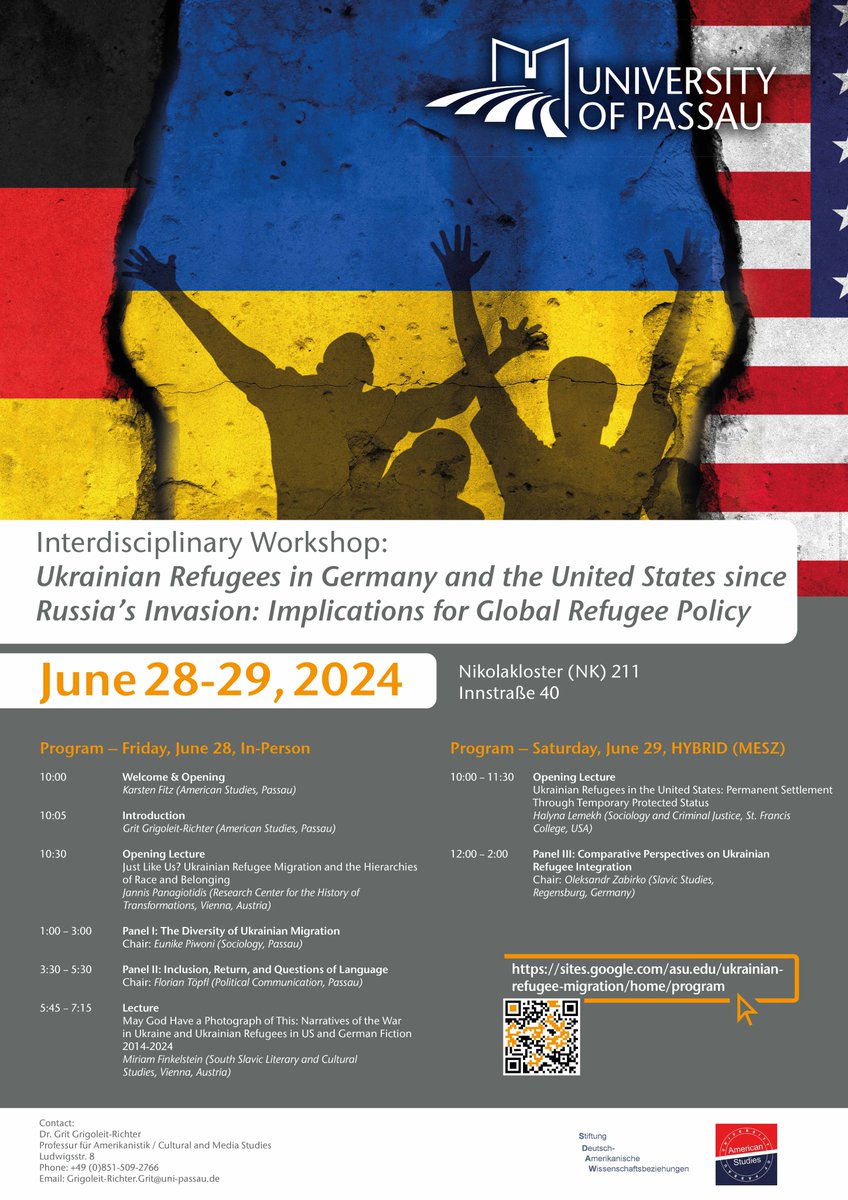 In June, members of the #AmericanStudies-team @UniPassau are organizing a workshop on Ukrainian Refugees in Germany and the US since Russia's invasion, exploring implications for a global refugee policy. Registration is open until May 5. Learn more at sites.google.com/asu.edu/ukrain….