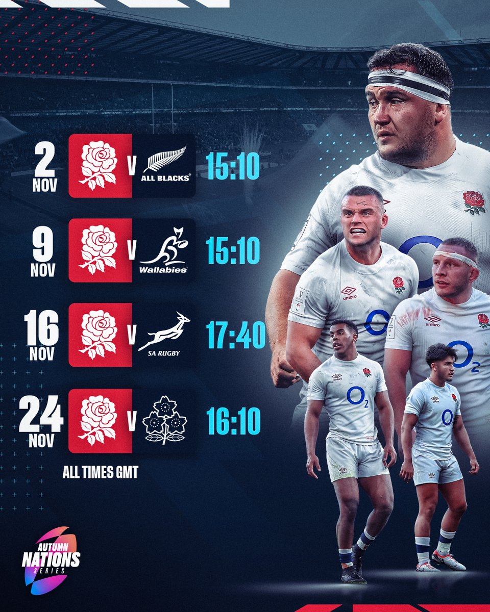EnglandRugby's tweet photo. The dates and kick-off times for our four #AutumnNationsSeries fixtures have been officially confirmed! 📆

You can watch all the matches live on @TNTsports 📺 https://t.co/zBzDVu8Vqr