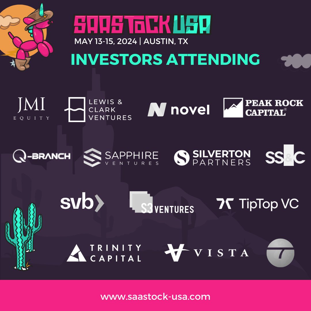 We have some incredible VCs and international funds joining us next month in Austin. Between stage sessions from @ChristineEsser, @BrandonGleklen, @mcadonofrio, and @CasberW, and our investor-only networking day, investors will be taking #SaaStockUSA by storm at @PalmerCenter💥