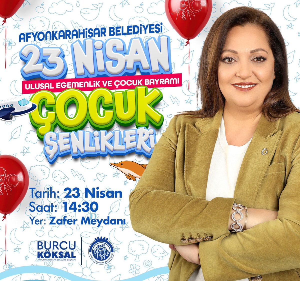 Sevgili çocuklar🤗
Büyük Önder Mustafa Kemal Atatürk’ün sizlere armağan ettiği 23 Nisan’ı dolu dolu kutlamaya hazır mısınız? 🎉

🤡Maskotlar
🫠 Palyaçolar, 
💃Danslar, 
🎈Sosis Balon Atölyesi
🕺Halk Oyunları Gösterileri ve çok daha fazlası
📍Zafer Meydanı
🗓️ 23 Nisan Salı
🕝14:30