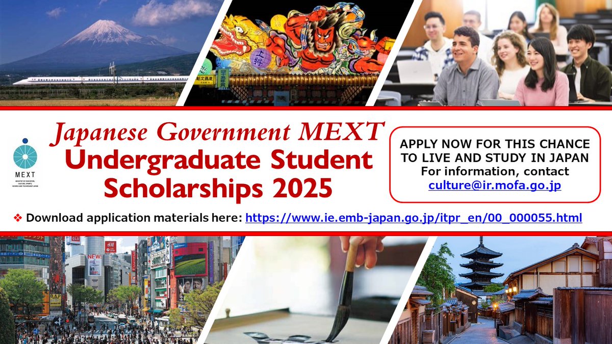 Apply for the 2025 MEXT Undergraduate Student Scholarships to do a bachelor’s degree in Japan. See ie.emb-japan.go.jp/itpr_en/00_000… for information and studyinjapan.go.jp/en/smap-stopj-… for application documents. 🎌