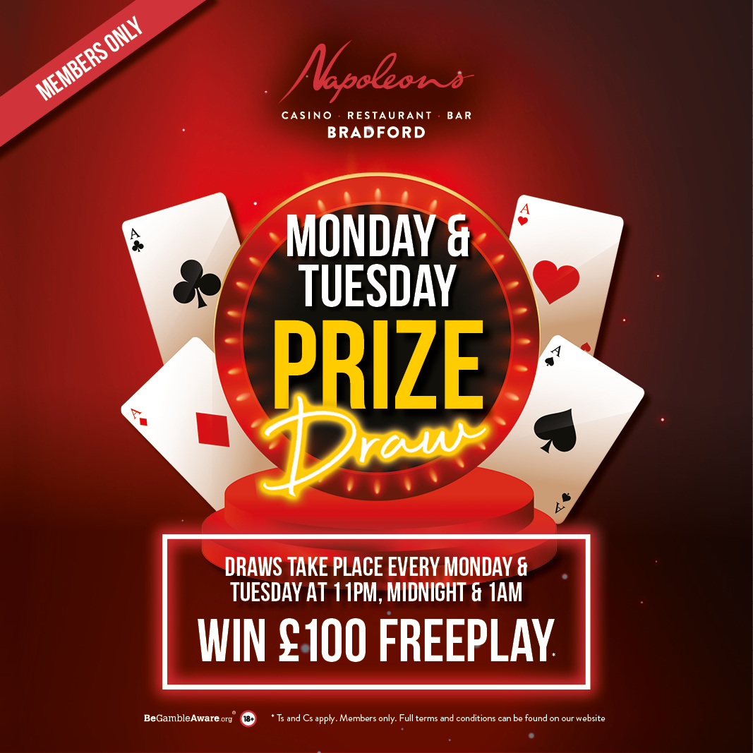 ♠️ TONIGHT! ♥️ Be in with the chance of winning £100 free play with our Monday & Tuesday prize draws 🃏 ⏰ 11pm, midnight, & 1am