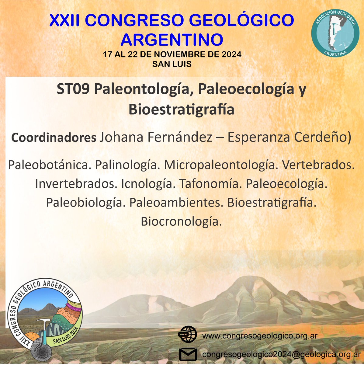 ESTIMADOS COLEGAS:  PRESENTACIÓN DE RESÚMENES  congresogeologico.org.ar/programa.htmlYa está abierta la recepción de trabajos. Ver detalles de resúmenes a presentar en congresogeologico.org.ar/resumenes.html… fecha límite para la recepción de trabajos  NUEVO PLAZO: 02 DE JUNIO (por única vez)