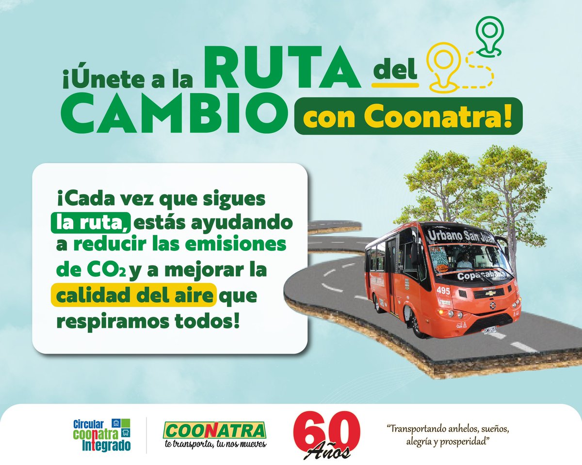 🌱 ¡Haz parte del cambio hacia un futuro más verde! Únete a la RUTA del CAMBIO con Coonatra y contribuye a un aire más limpio. 🚌 Cada viaje cuenta para reducir las emisiones de CO2. #RutaDelCambio #Coonatra60Años #MovilidadSostenible