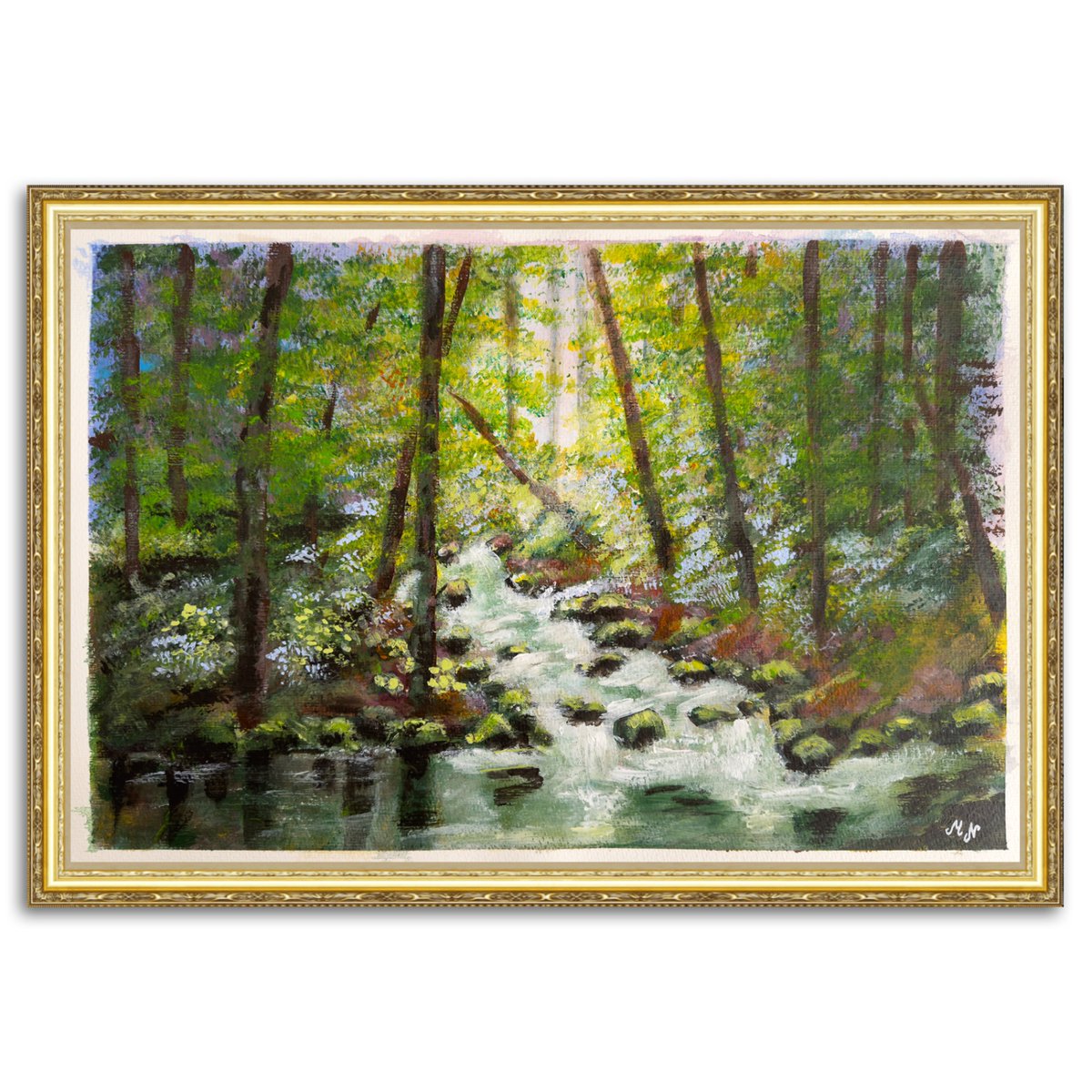 Immerse yourself in the calming allure of nature with 'The Forest Stream' artwork. Vibrant hues and dynamic strokes bring the lush forest to life. #Art #Nature #Painting #Forest #Stream artcursor.com/products/the-f…
