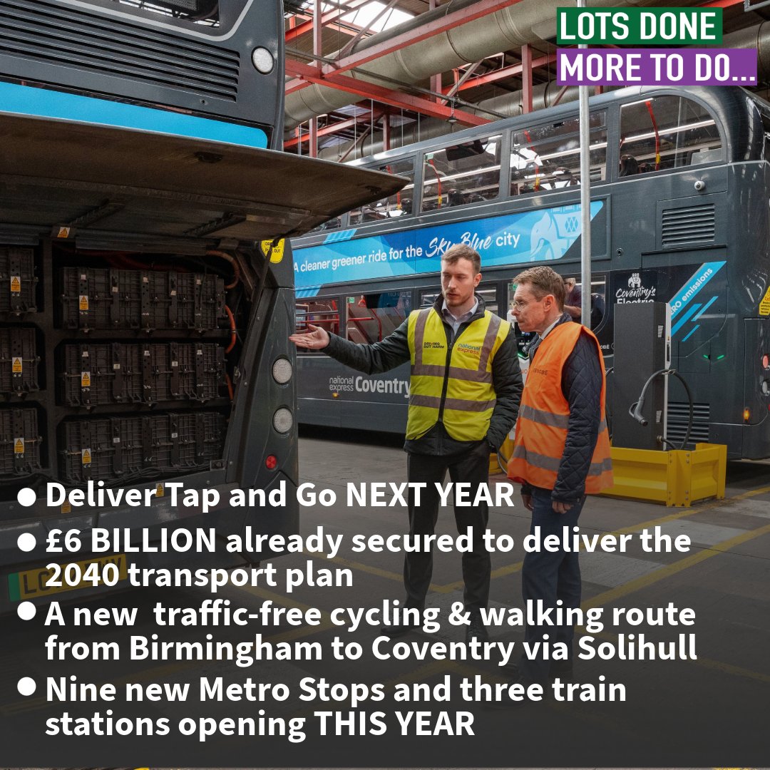 We’re spending £BILLIONS upgrading our transport network, including👇🏻 🎟️Capped Tap & Go on ALL modes of transport 📈 A £6 BILLION war chest to deliver my 2040 plan 🚲 A new cycle and walking route from Brum to Cov 🚂 New metro & train stations this year + so much more 👏🏻