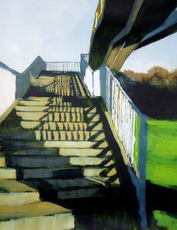 Sunshine on concrete : currently showing @Grayst_Gallery Spring Exhibition : 12 April - 12 May Footbridge 40x30cm (framed 60x50cm) acrylic on paper graystonegallery.com/artists/86-lin… | @ownartscheme @artsy #Stockbridge #Edinburgh #Scotland #art #painting #cityscape #infrastructure #urbex