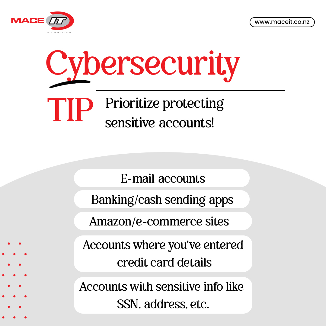 Today is a great day to make sure your online accounts are secure! If you have limited time, here are 5 account types that you should go after first.
Need help getting started?📷

Book a 10-Minute Discovery Call now – maceit.co.nz/it-services/cy…

#maceit Partner of @ConnectWise