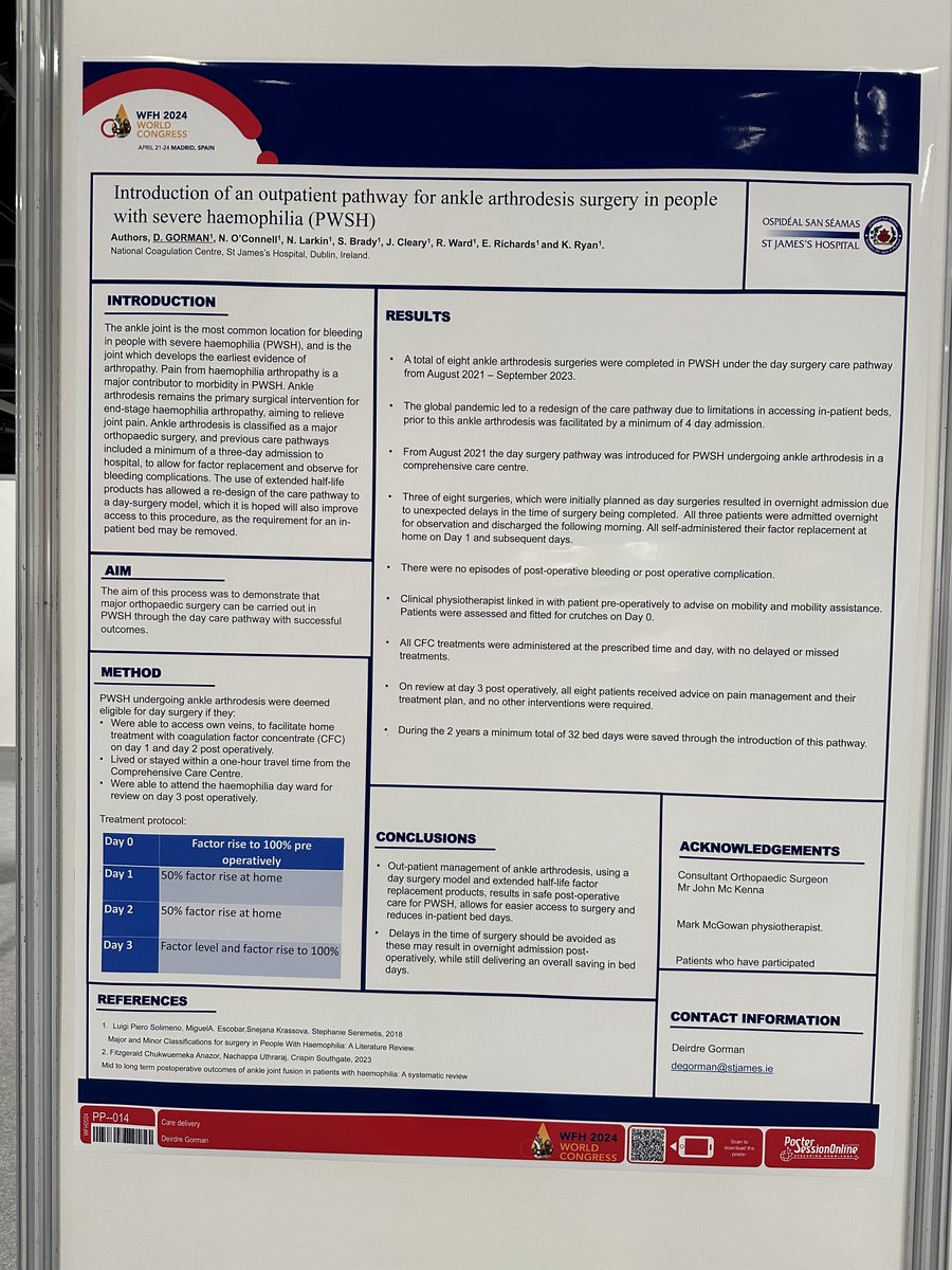 Ankle arthrodesis can be carried out in #hemophilia on an outpatient basis! Data from Ireland presented at #wfh2024.