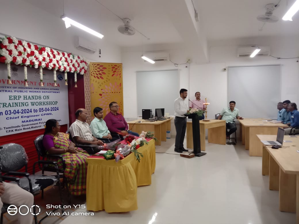CPWD organized 3 days workshop for ERP implementation in CPWD at Madurai from April 03 to 05, 2024 in the presence of Shri Pawan Kumar Gupta, Chief Engineer, Madurai and it was attended by more than 156 officers, staff and contractors of #CPWD in hybrid mode.