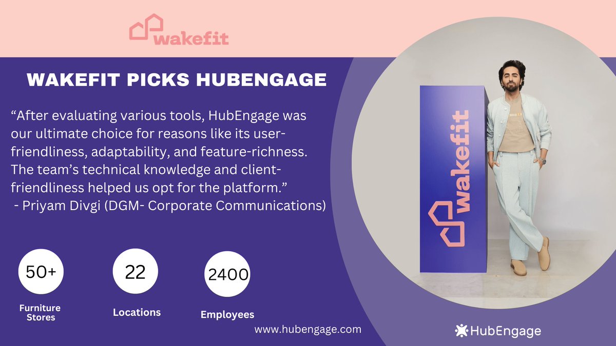 A leading home and sleep solutions brand in India, @WakefitCo deploys @HubEngage to improve employee engagement.
We are excited to help Wakefit create a more connected and motivated workforce.
bit.ly/4d9zyxw

#NewClient #HubEngage #Wakefit