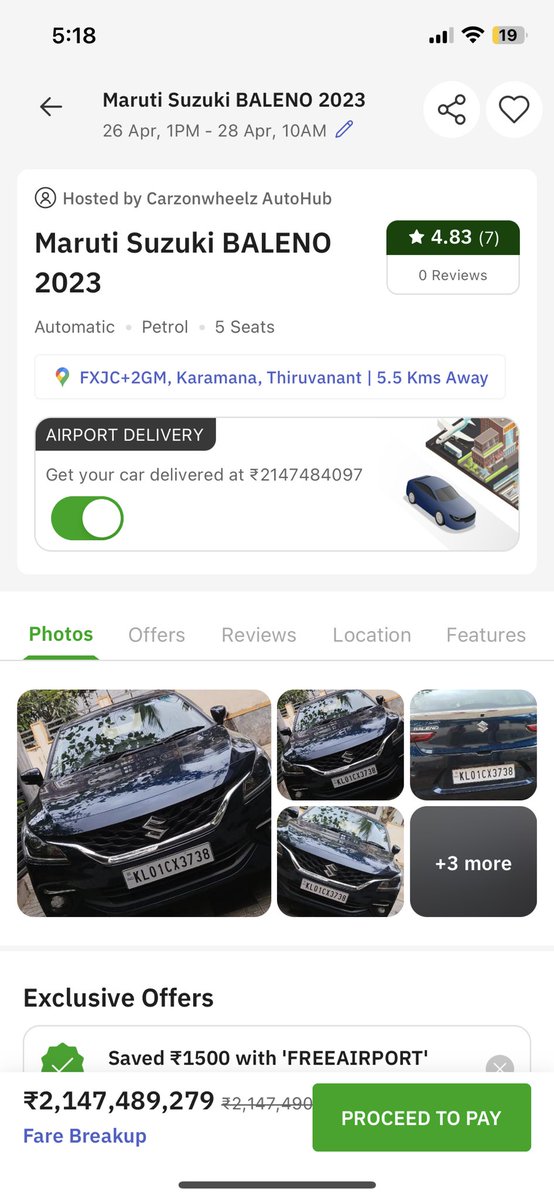 SahilKhandelwl's tweet photo. @Zoomcar_India Trying to book a car and the price with Airport Delivery is unrealistic. Need help asap! https://t.co/vTMkHhMLMd