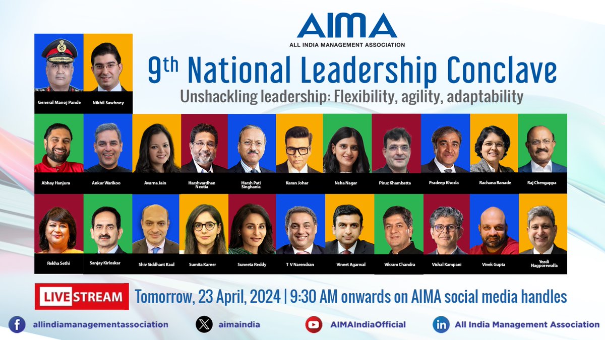We’ll be streaming #LIVE AIMA’s 9th National Leadership on all of AIMA’s social media platforms tomorrow. With the theme this year as- ‘Unshackling Leadership: Flexibility, agility, adaptability’, this mega programme will be held at Hotel Taj Palace, with Speakers from various