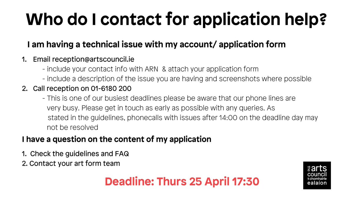 REMINDER: The Agility Award closes for applications THIS THURS 25 April at 17:30 We know you're working hard on your applications! To make it a bit easier, we've made a quick info sheet with who to go to and how to get your Qs answered asap! More info: artscouncil.ie/Funds/Agility-…