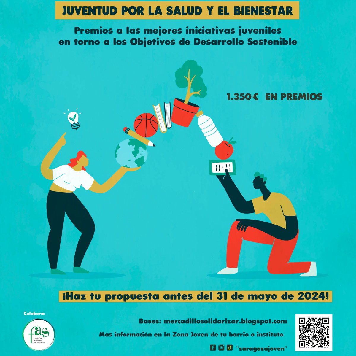 ¿Tienes una idea realizada y dirigida a jóvenes entre 12 y 30 años? ¡Participa en los Premios Solidarizar!, reconocen iniciativas colectivas impulsadas en Zaragoza relacionadas con los ODS: ciudades y comunidades sostenibles. Hasta 31MAY Info. > zaragoza.es/sede/portal/ju…