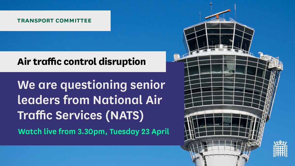 📢 Our evidence session, looking into the air traffic control disruption last summer, is taking place tomorrow at 3.30pm We will be hearing from senior leaders at NATS, Martin Rolfe and Kathryn Leahy Find out more and watch live 👇 committees.parliament.uk/event/21110/fo…