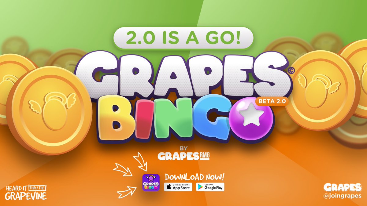 🍇Grapes Bingo Beta 2.0 is LIVE! 📱100% mobile, test out Bingo now 🪙Get your $GRAPE & $APE ⚔️ Let the 🍇Grapes Vs 🐵Apes battle begin! @apecoin @BoredApeYC Follow the link to start playing 👇apps.apple.com/gb/app/grapes-…