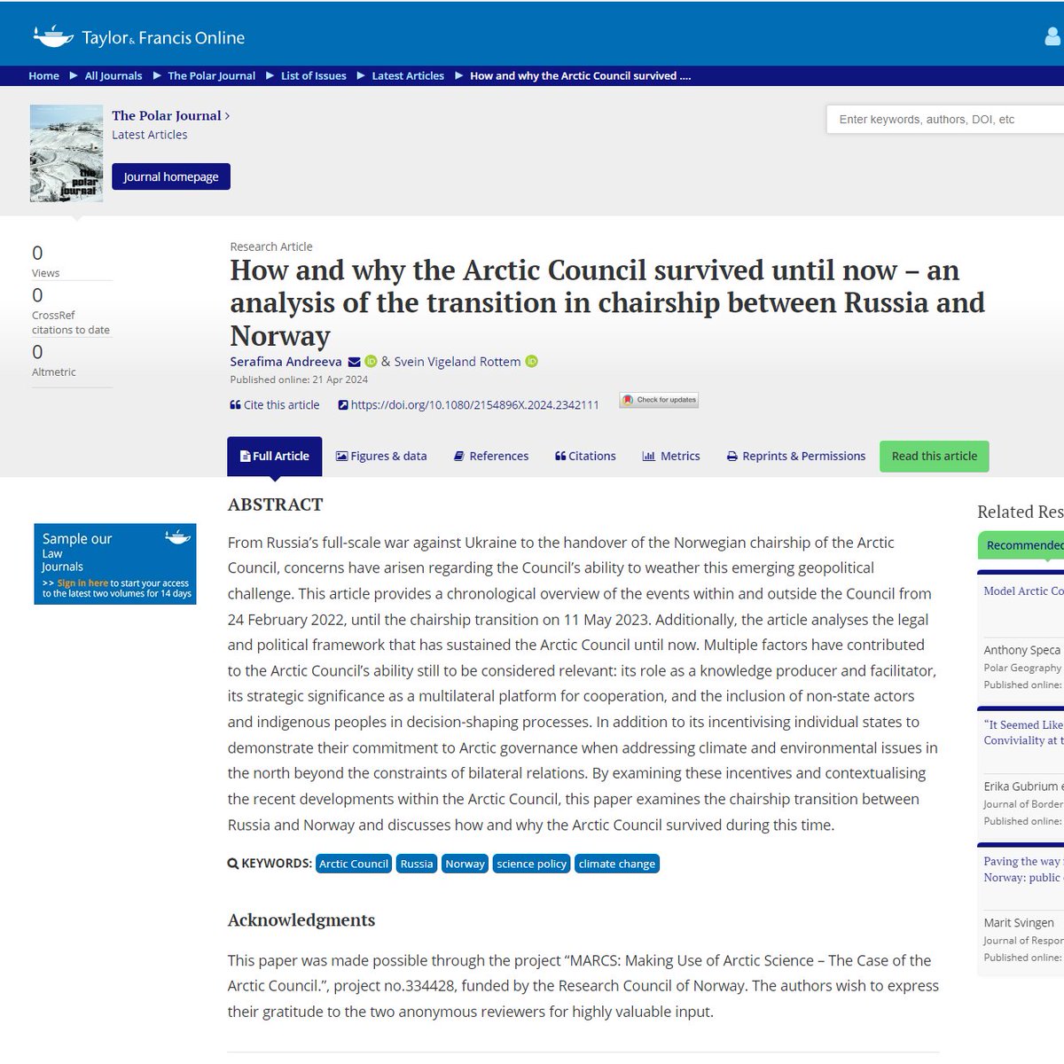 ⚡️PAPER ALERT⚡️ 'How and why the Arctic Council survived until now – an analysis of the transition in chairship between Russia and Norway' by Serafima Andreeva and Svein Vigeland Rottem. The Polar Journal, Vol 13, No 2, 2024, pp. 1-18. tandfonline.com/doi/full/10.10…