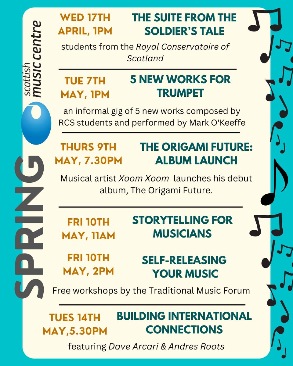 Lots of events and concerts happening at @scottishmusic see ⬇️ inc with @RCStweets @rednoteensemble @davearcari & Xoom Xoom launches his debut album The Origami Future see news section at ➡ scottishmusiccentre.com or email Sophie.rocks@scottishmusiccentre.com