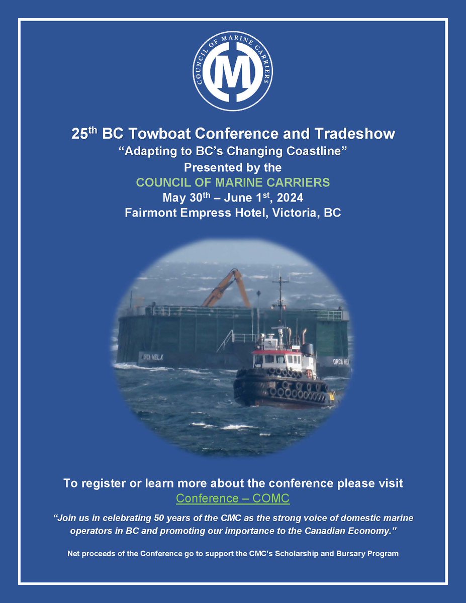 WesternMaritime's tweet photo. Join us to celebrate the 25th annual BC Towboat Conference & Tradeshow! Click the link to register and learn more! https://t.co/XBfGE2FNtY #BCmarine #Tugboats #MarineConference #ShipCrew #BCcoast https://t.co/HA95Qbro83