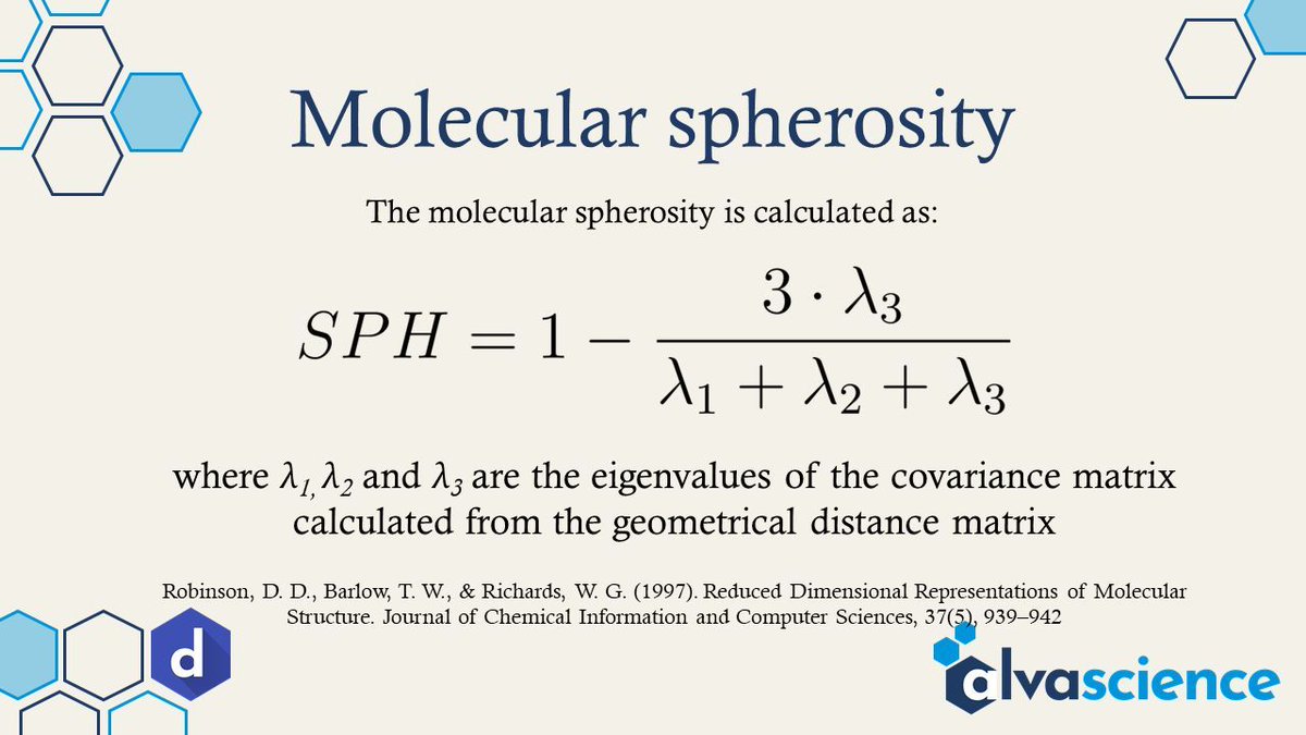 #descriptoroftheday #moleculardescriptors #qsar #compchem #alvadesc #alvatips Molecular spherosity has been proposed in 'Reduced Dimensional Representations of Molecular Structure'. via @JCIM_JCTC doi.org/10.1021/ci9704… Check alvaDesc at: alvascience.com/alvadesc/